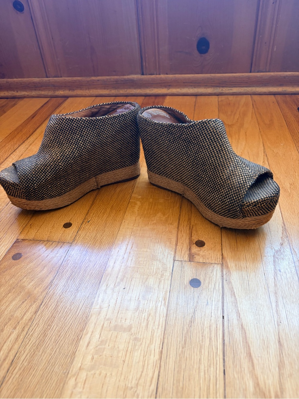 Jeffrey Campbell Wedge Peep-Toe Platform Mules in Brown from Free People